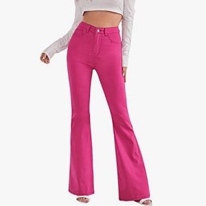 SweatyRocks Women's Casual Denim High Waist Stretchy Flared Jeans in Hot Pink
